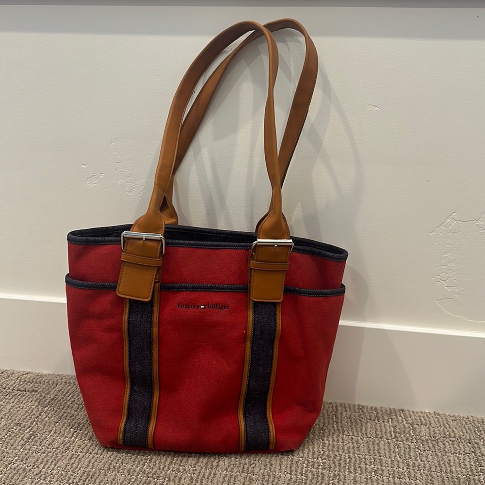 Tommy Hilfiger red canvas and denim tote bag